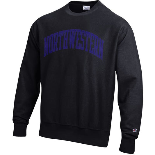 Northwestern University Wildcats Men's Black Champion Super Heavy Reverse Weave Crewneck Sweatshirt with Purple Arched Northwestern Wool Sewn Appliqué Design