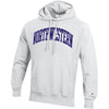 Northwestern University Wildcats Men’s White Champion Super Heavy Reverse Weave Hooded Sweatshirt with Purple Arched Northwestern Wool Sewn Appliqué Design