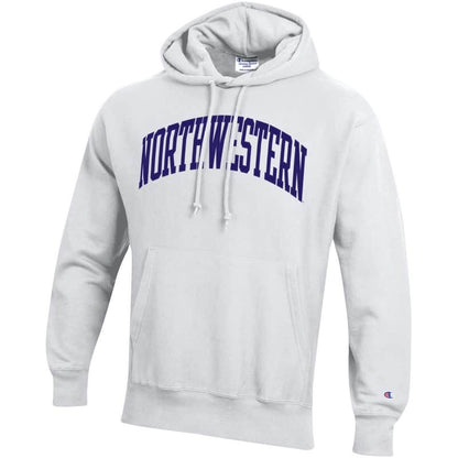 Northwestern University Wildcats Men’s White Champion Super Heavy Reverse Weave Hooded Sweatshirt with Purple Arched Northwestern Wool Sewn Appliqué Design