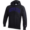 Northwestern University Wildcats Men’s Black Champion Super Heavy Reverse Weave Hooded Sweatshirt with Purple Arched Northwestern Wool Sewn Appliqué Design