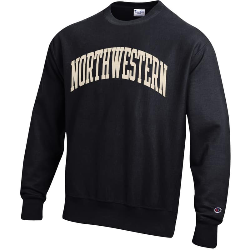 Northwestern University Wildcats Men's Black Champion Super Heavy Reverse Weave Crewneck Sweatshirt with Creamy White Arched Northwestern Wool Sewn Appliqué Design-5