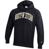 Northwestern University Wildcats Men’s Black Champion Super Heavy Reverse Weave Hooded Sweatshirt with Creamy White Arched Northwestern Wool Sewn Appliqué Design