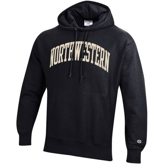 Northwestern University Wildcats Men’s Black Champion Super Heavy Reverse Weave Hooded Sweatshirt with Creamy White Arched Northwestern Wool Sewn Appliqué Design