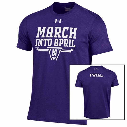 Northwestern University Wildcats Men’s Under Armour Purple Tee with March into April Basketball Design