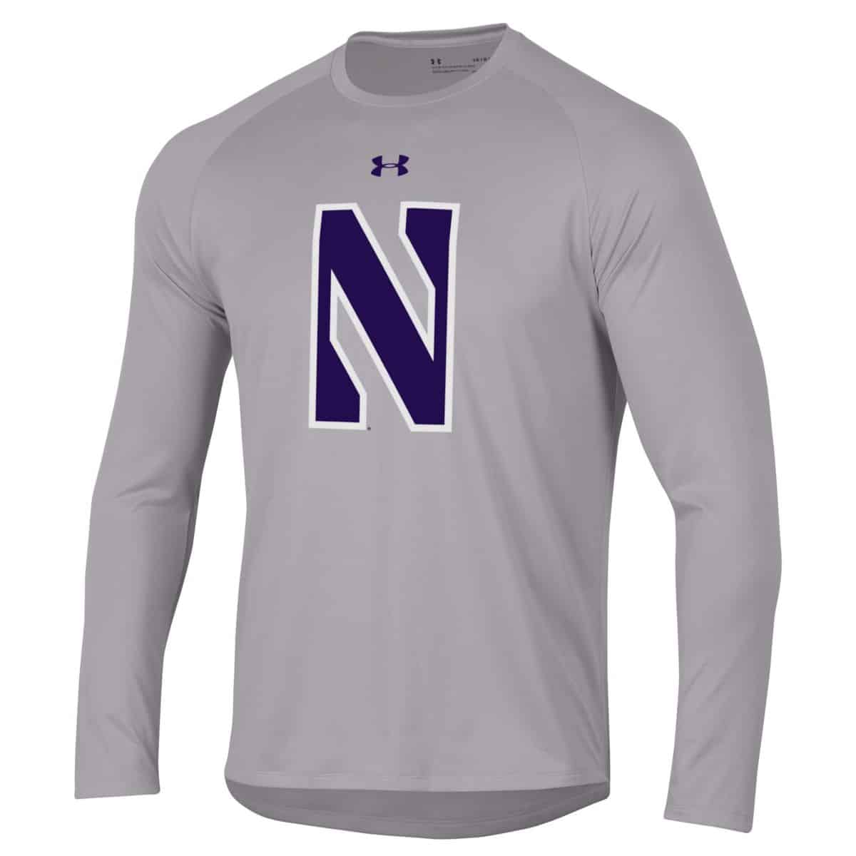 Northwestern University Wildcats Youth Under Armour Tactical Tech™ Light Grey Long Sleeve T-Shirt with Stylized Northwestern N Design