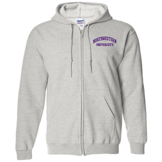 Northwestern University Wildcats Men's Ash Grey Full-Zip Hooded Sweatshirt with Left Chest Embroidered Northwestern University Design