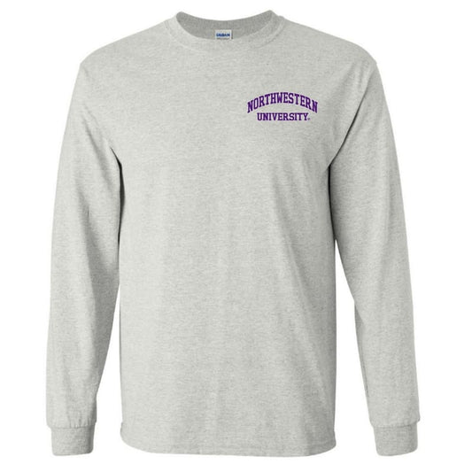 Northwestern University Wildcats Men's Ash Grey Long Sleeve Tee Shirt with Left Chest Embroidered Northwestern University Design