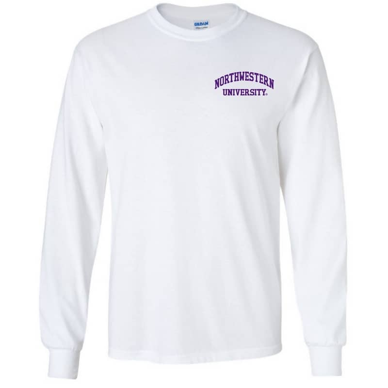 Northwestern University Wildcats Men's White Long Sleeve Tee Shirt with Left Chest Embroidered Northwestern University Design