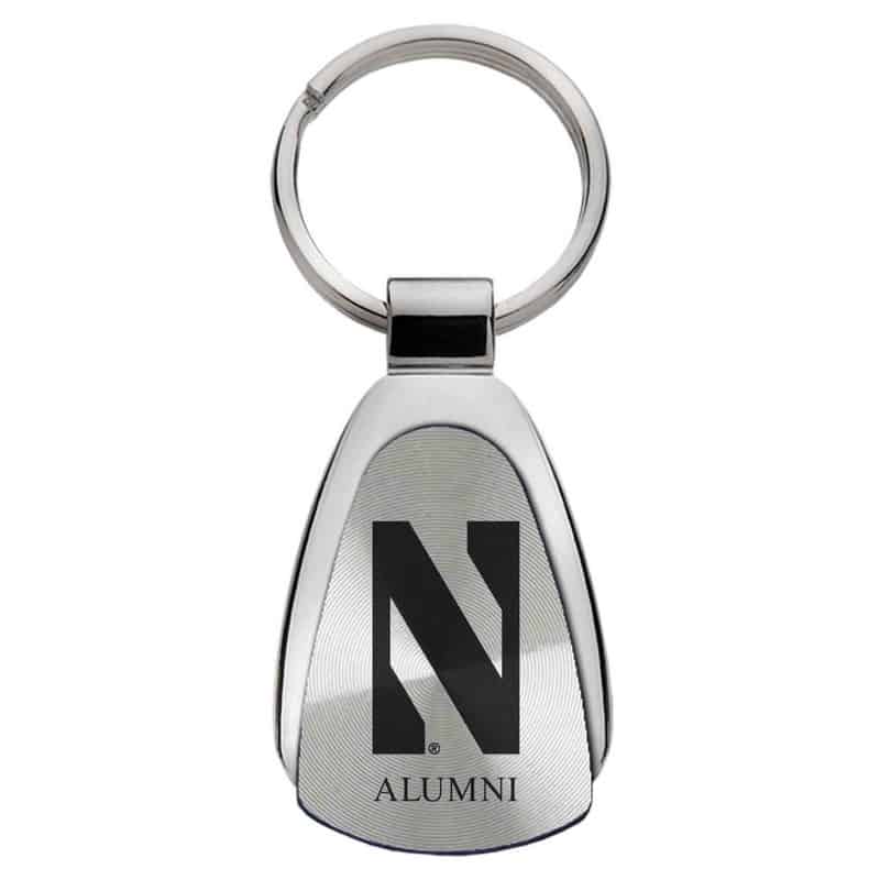 Northwestern University Wildcats Laser Engraved Silver Teardrop Key Chain with Stylized N & Alumni Design