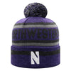 Northwestern University Wildcats Adult Three Tone Cuffed Pom Knit Hat With Knitted Northwestern & Embroidered Stylized N-Front