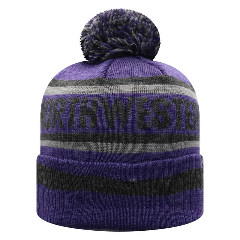 Northwestern University Wildcats Adult Three Tone Cuffed Pom Knit Hat With Knitted Northwestern & Embroidered Stylized N-Back