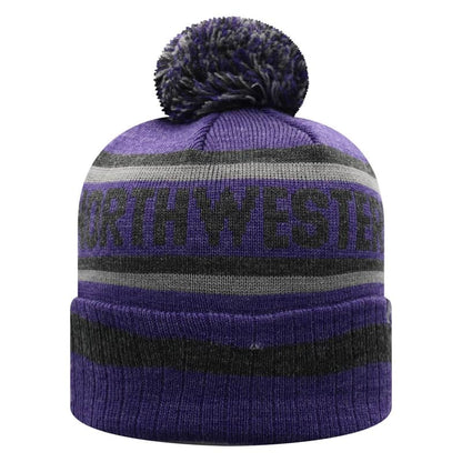 Northwestern University Wildcats Adult Three Tone Cuffed Pom Knit Hat With Knitted Northwestern & Embroidered Stylized N-Back