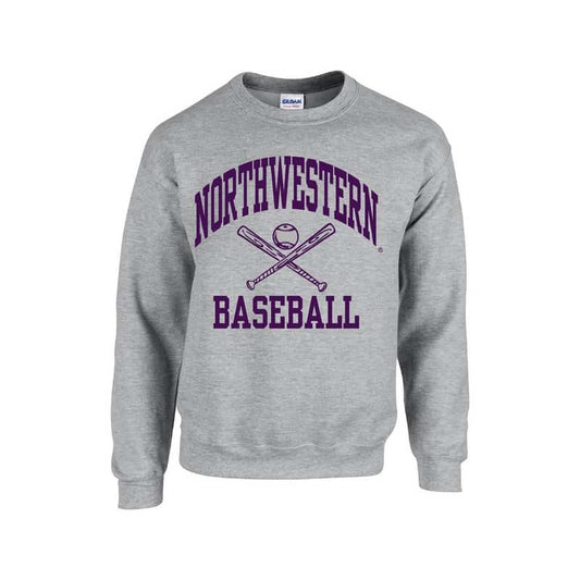 Northwestern University Wildcats Sport Grey Crewneck Sweatshirt with Baseball Design