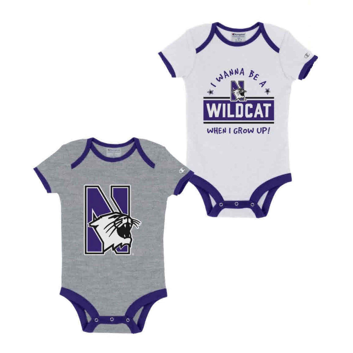 Northwestern University Wildcats Infant 2-Pack Bodysuit Onesie Set with Big N-cat & I Wanna be a Wildcat Designs