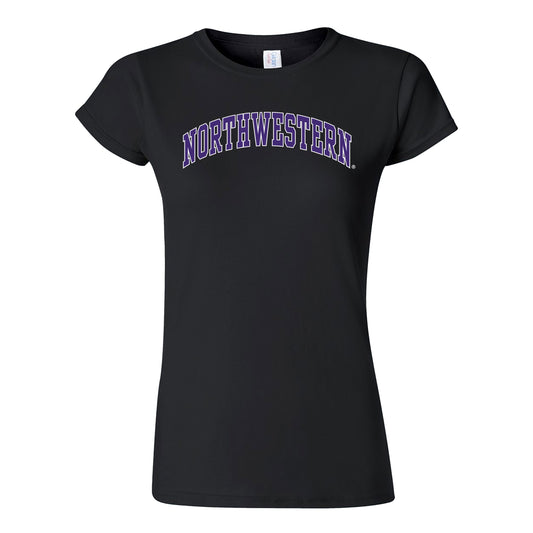Northwestern University Wildcats Women's MV Softstyle Black Tee Shirt with Two Color Northwestern Arch Design