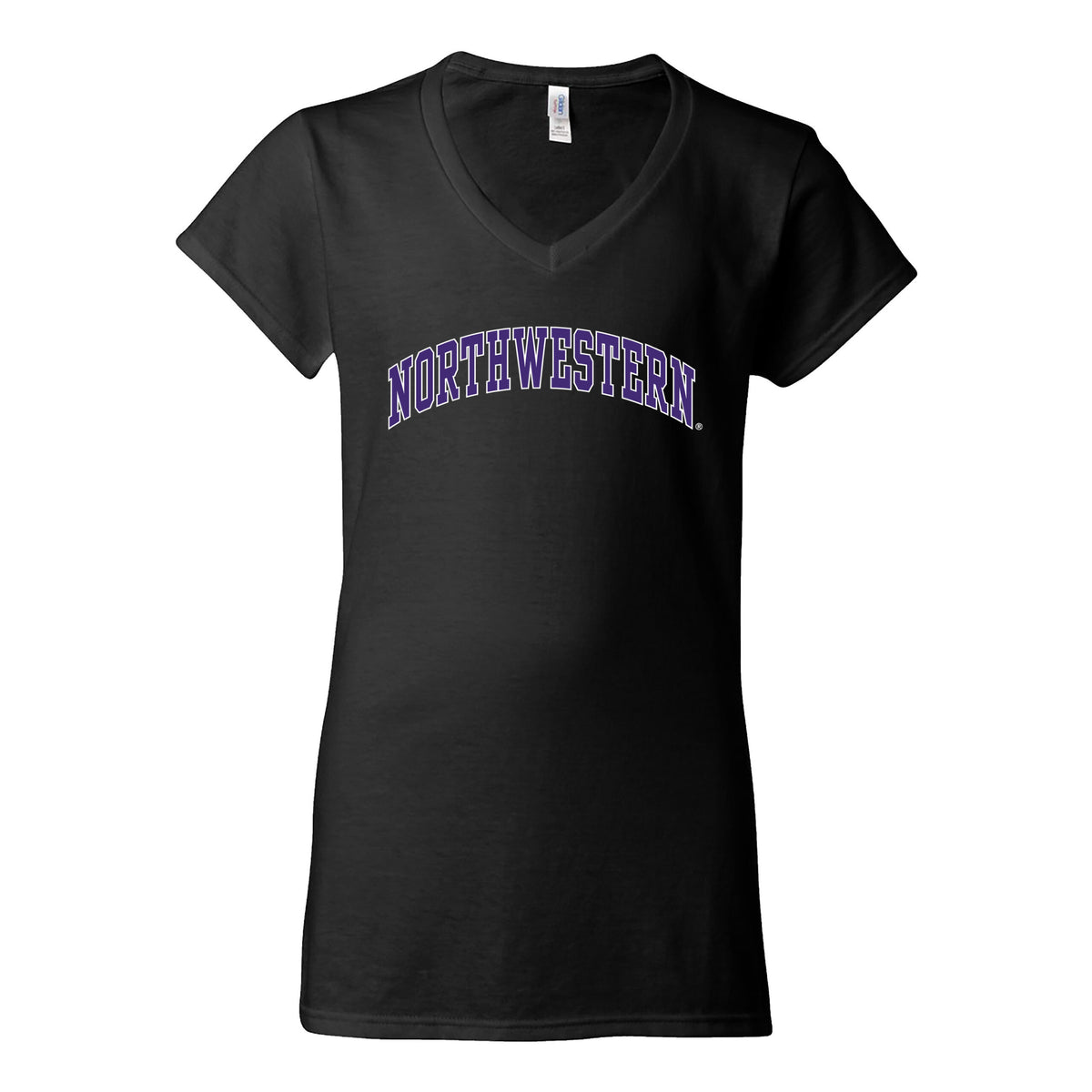Northwestern University Wildcats Women's MV Softstyle Black V-Neck Tee Shirt with Two Color Northwestern Arch Design