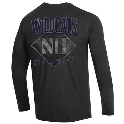Northwestern University Wildcats Men's Champion Black Long Sleeve Tee Shirt with Three Location Faded Print -Back