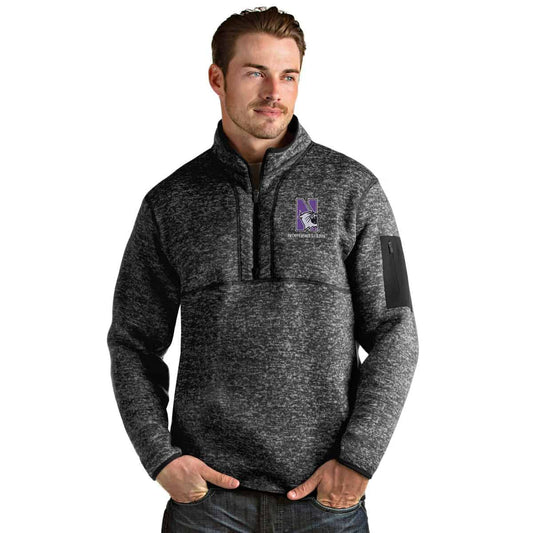 Northwestern University Wildcats Men's Antigua Fortune 1/4 Zip in Black Heather & N-Cat Design