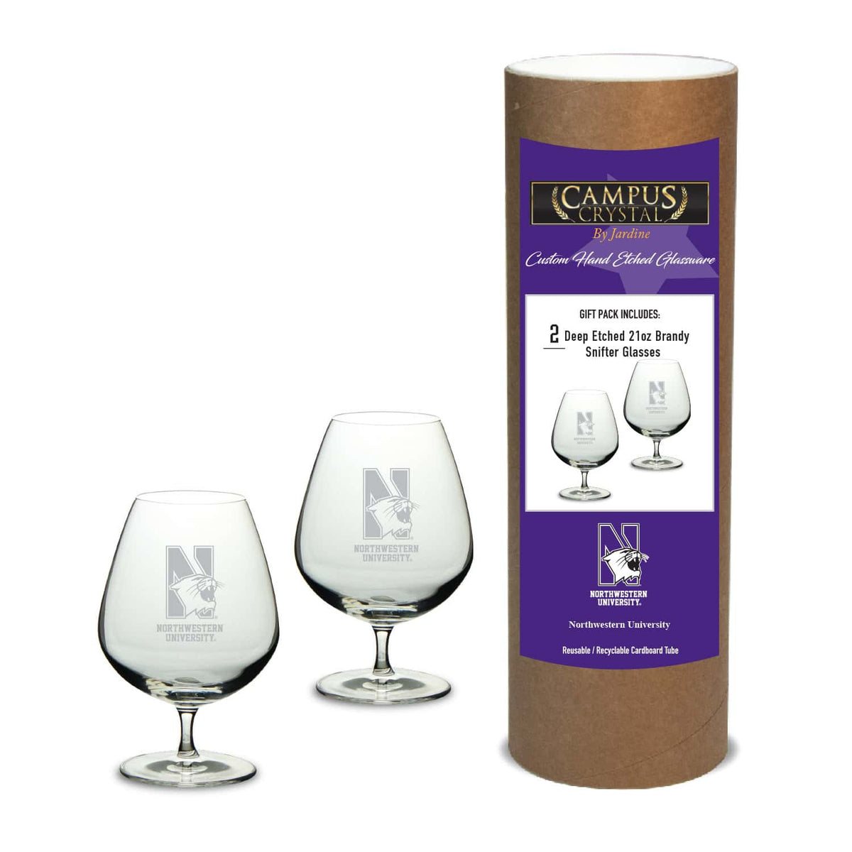 Northwestern University Wildcats 21 oz. Deep Etched Traditional Brandy Snifter Glasses with N-Cat Design - Set of Two