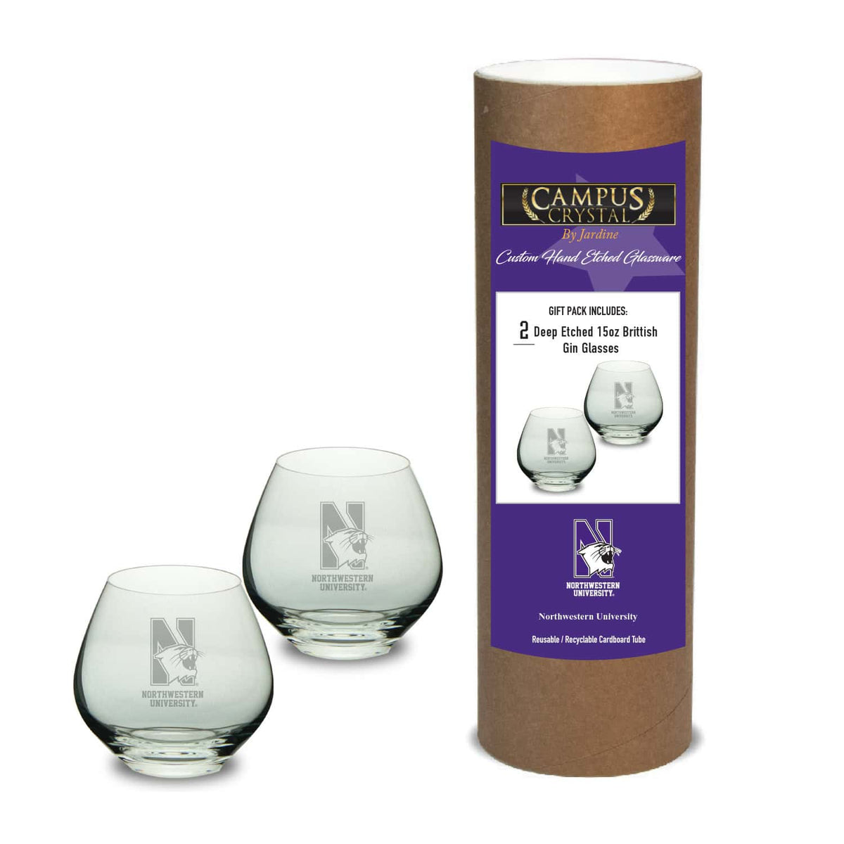 Northwestern University Wildcats 15 oz. Deep Etched British Gin Glasses with N-Cat Design - Set of Two
