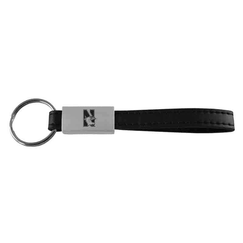 Northwestern University Wildcats Laser Engraved Black Leather Strap Keychain with N-Cat Design