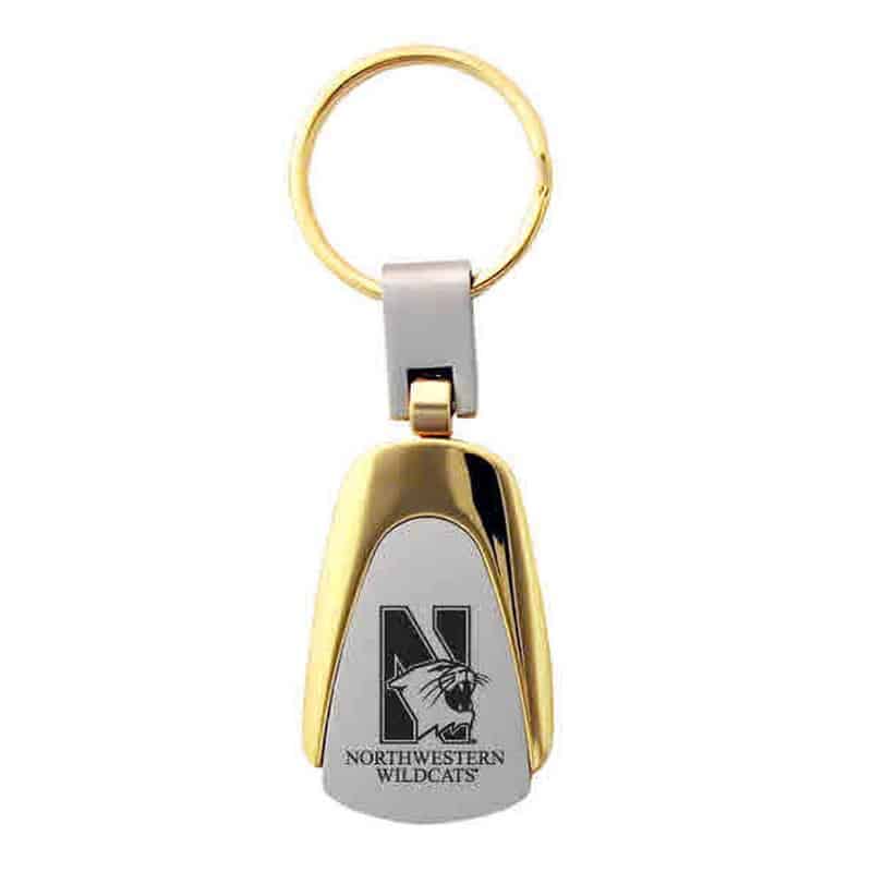 Northwestern University Wildcats Laser Engraved Silver/Gold Teardrop Key Chain with Mascot Design
