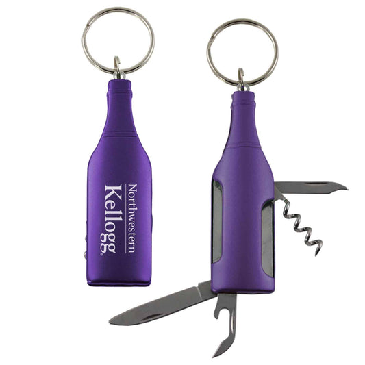 Northwestern University Wildcats Laser Engraved Purple Bottle Shaped Multi-Tool Wine Opener Key Chain with Kellogg Design