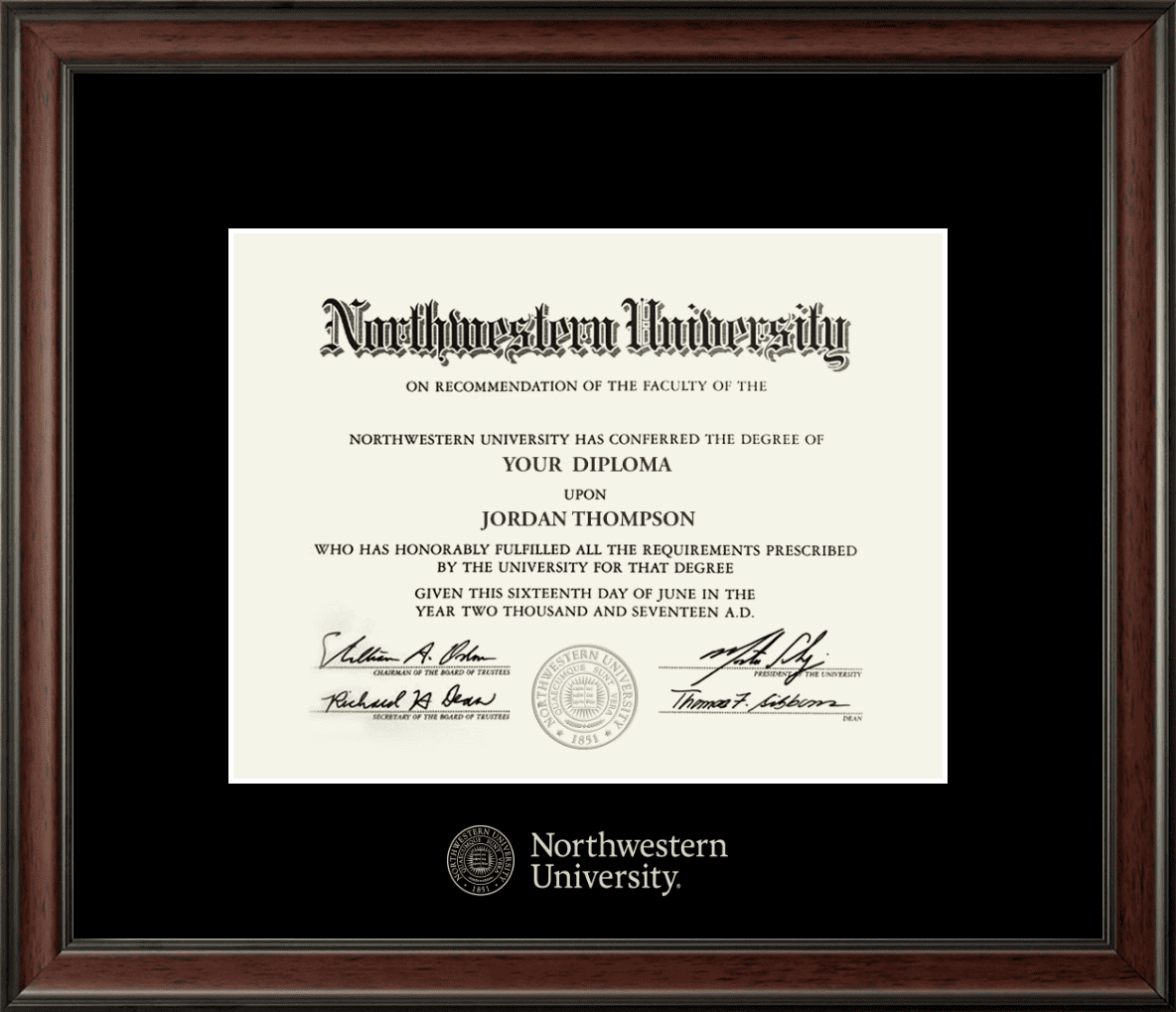 Northwestern University Wildcats Silver Embossed Diploma Frame in Studio with a black mat