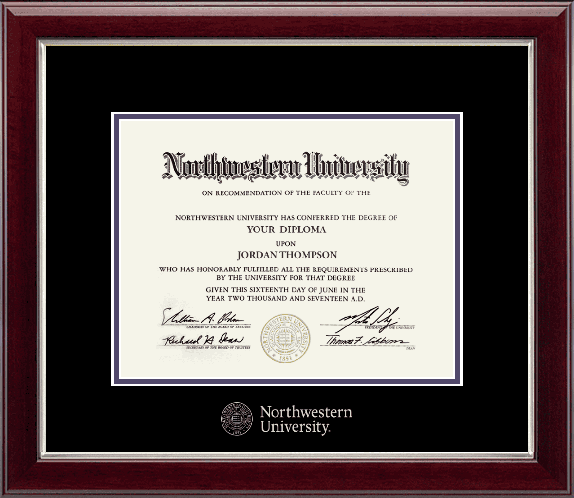 Northwestern University Wildcats Silver Embossed Diploma Frame in Gallery Silver with black and purple mats