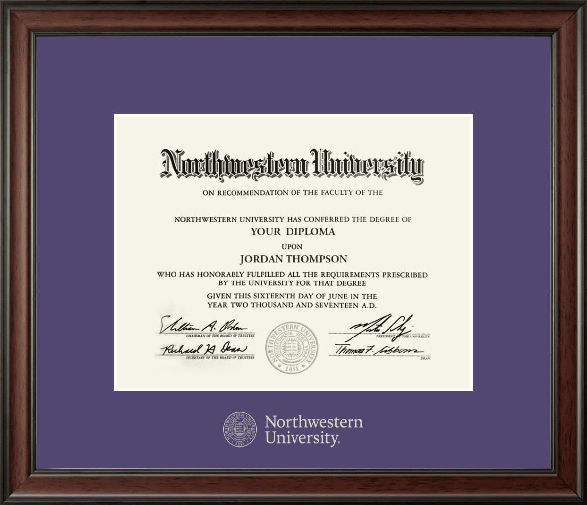 Northwestern University Wildcats Silver Embossed Diploma Frame in Studio with a purple mat