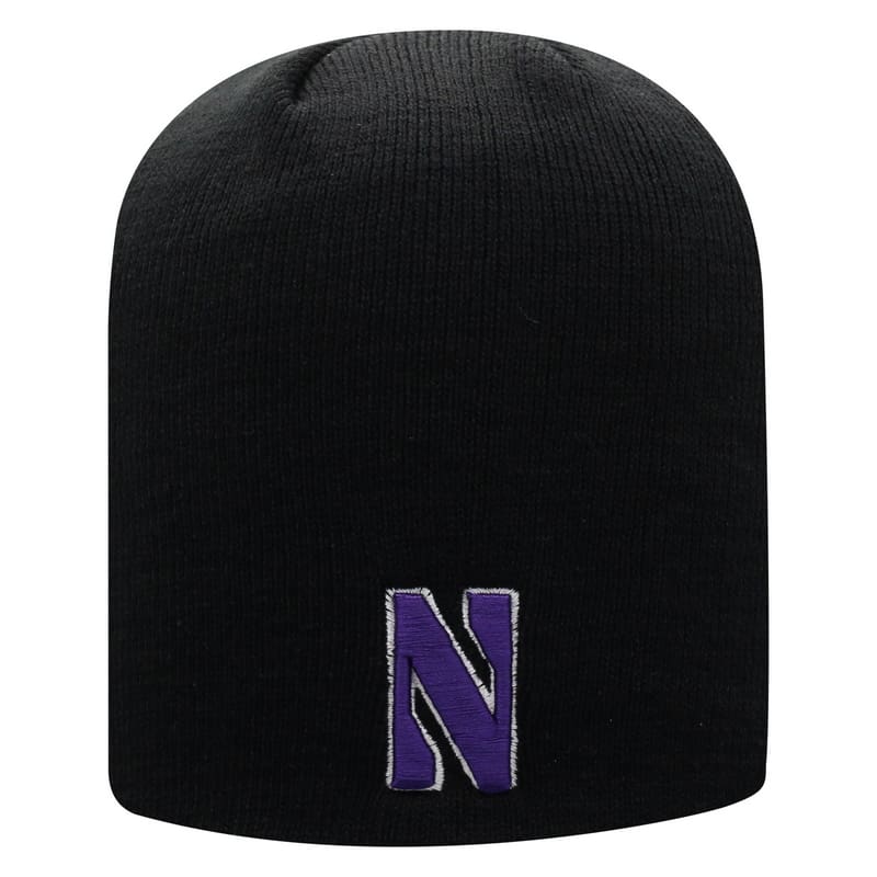 Northwestern University Wildcats Adult Black Uncuffed Knit Hat With Embroidered Stylized N On The Front And Northwestern On The Back