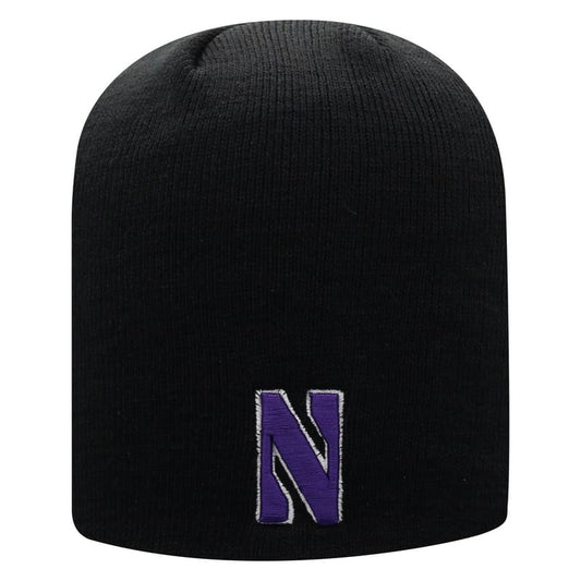 Northwestern University Wildcats Adult Black Uncuffed Knit Hat With Embroidered Stylized N On The Front And Northwestern On The Back