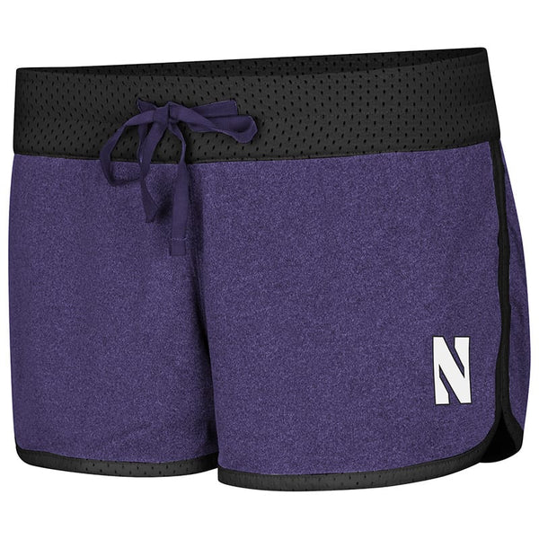 Northwestern University Wildcats Colosseum Ladies Heather Purple / Black Mesh Racine Belles Reversible Short with Stylized N Design