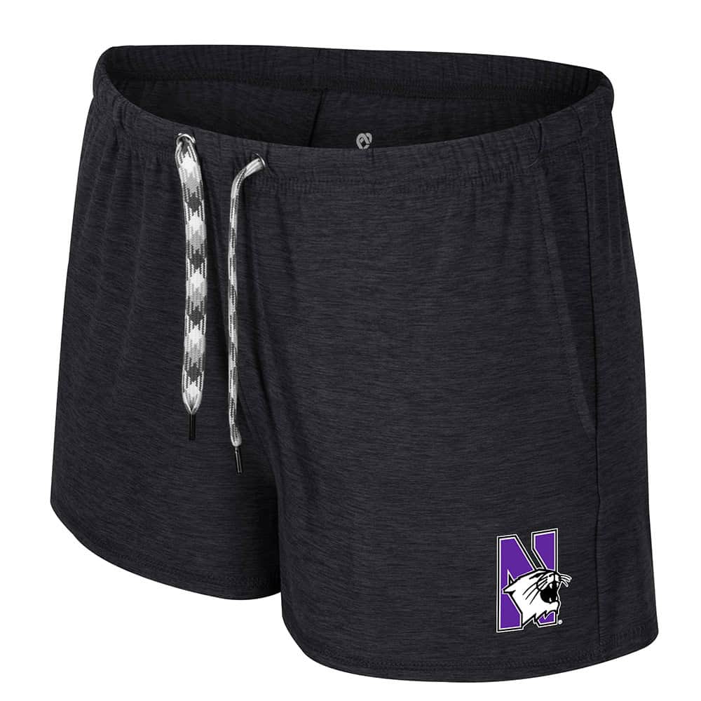 Northwestern University Wildcats Colosseum Women's Black Dash Shorts with Stylized N-Cat design