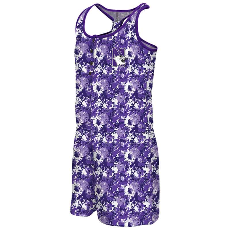 Northwestern University Wildcats Colosseum Purple Flower Pattern Youth Girls Monica Henley Romper with N-Cat Design