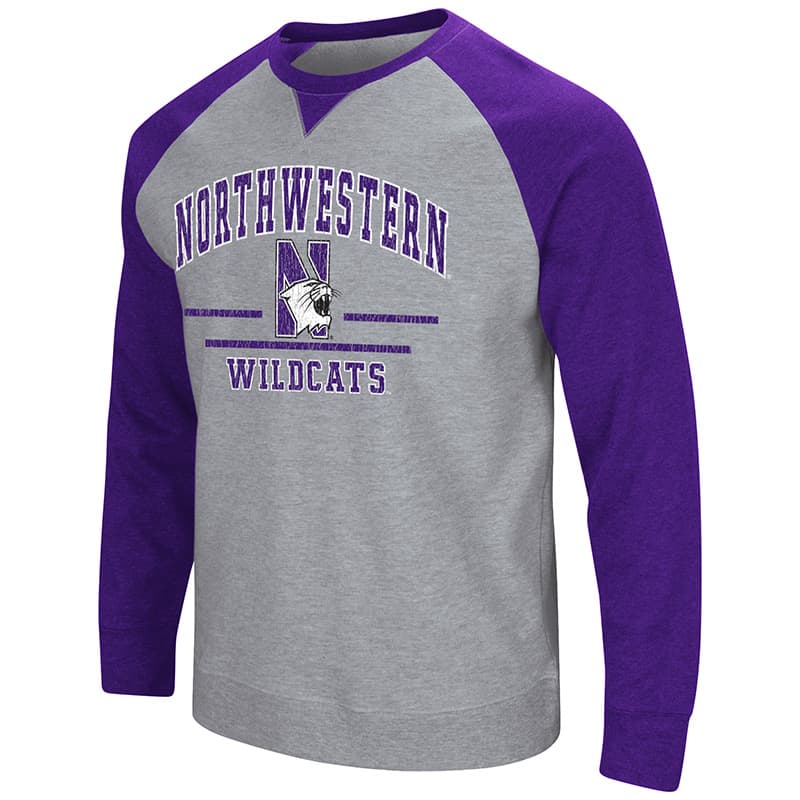 Northwestern University Wildcats Colosseum Heather Grey/Purple Men's Turf Crewneck with N-Cat Design