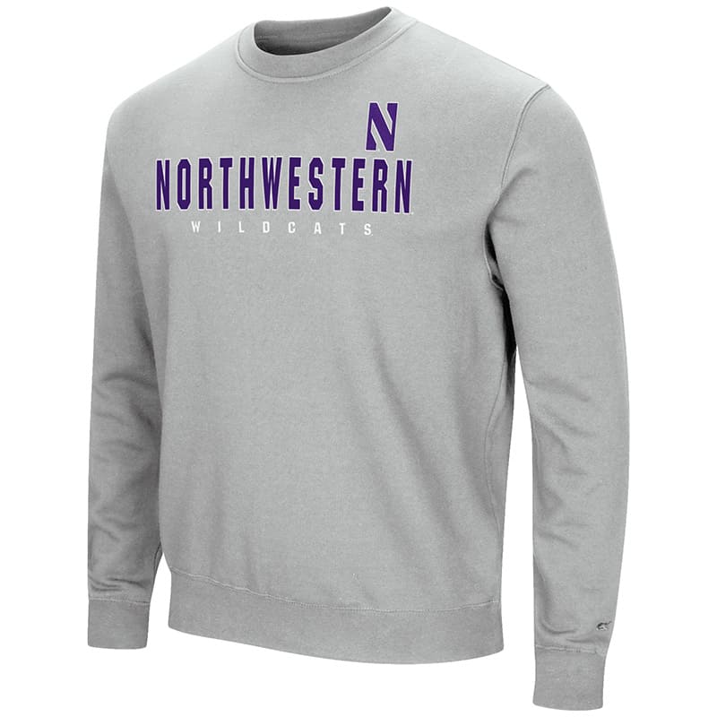 Northwestern University Wildcats Colosseum Grey Men's Playbook Crewneck Sweatshirt with Northwestern Stylized N Design