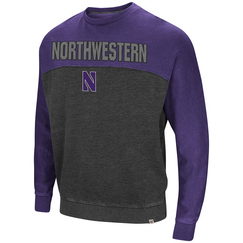 Northwestern University Wildcats Colosseum Charcoal/Purple Men's Nice Hit Crewneck Sweatshirt with Northwestern Stylized N Design