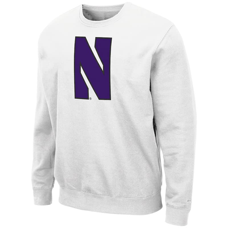 Northwestern University Wildcats Men's White Colosseum Crewneck Sweatshirt With Sewn Stylized N Design