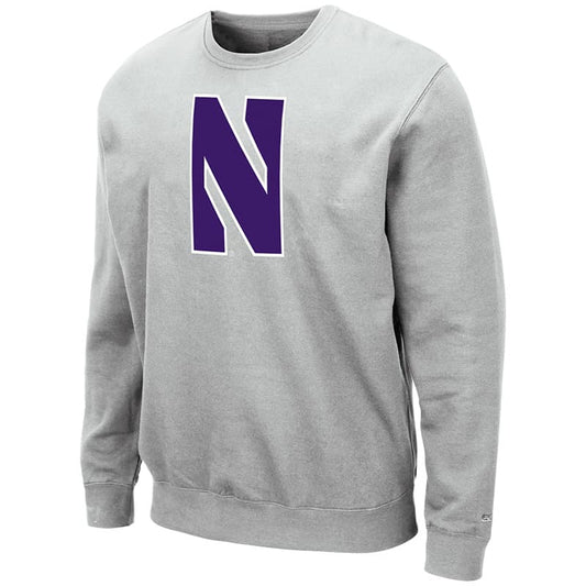 Northwestern University Wildcats Men's Silver Colosseum Crewneck Sweatshirt With Sewn Stylized N Design