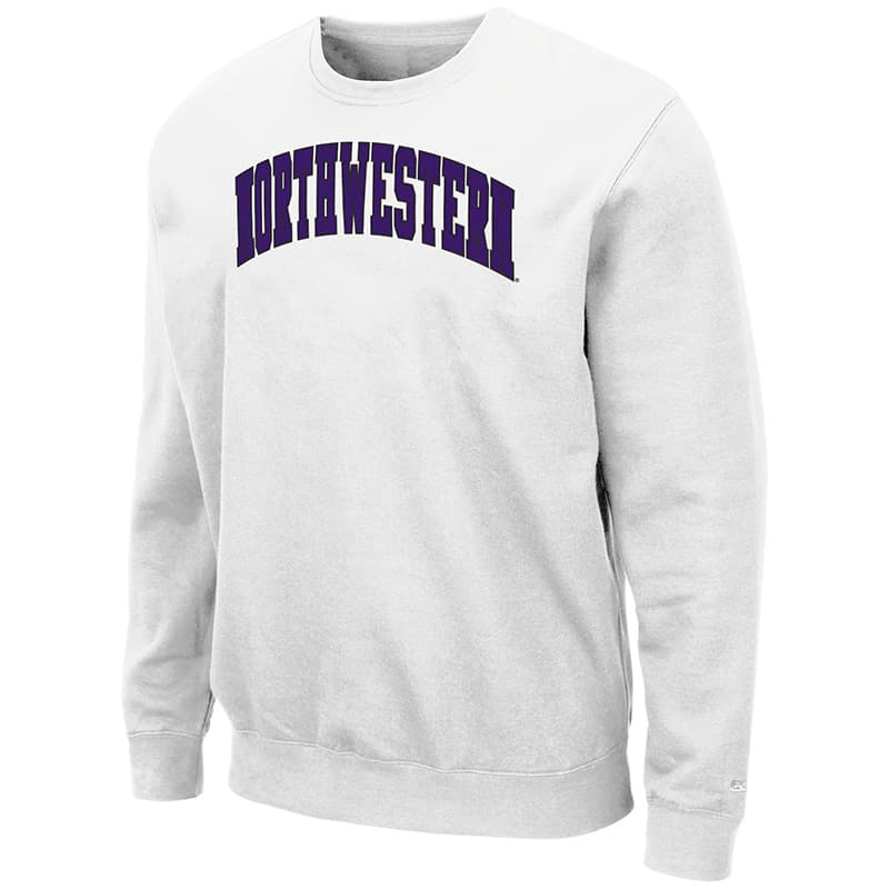 Northwestern University Wildcats Men's White Colosseum Crewneck Sweatshirt With Sewn Arched Northwestern Design