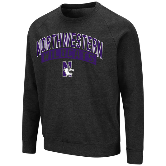 Northwestern University Wildcats Men's Black Heather Colosseum Recreation Crewneck Sweatshirt with Sewn Design