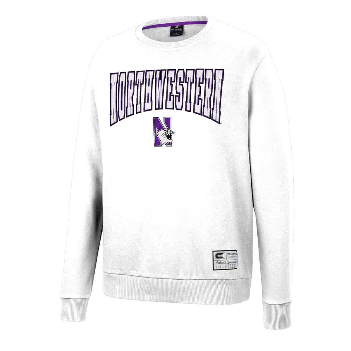 Northwestern University Wildcats Colosseum Men's White Scholarship Crewneck Fleece With School Name and N-Cat Design