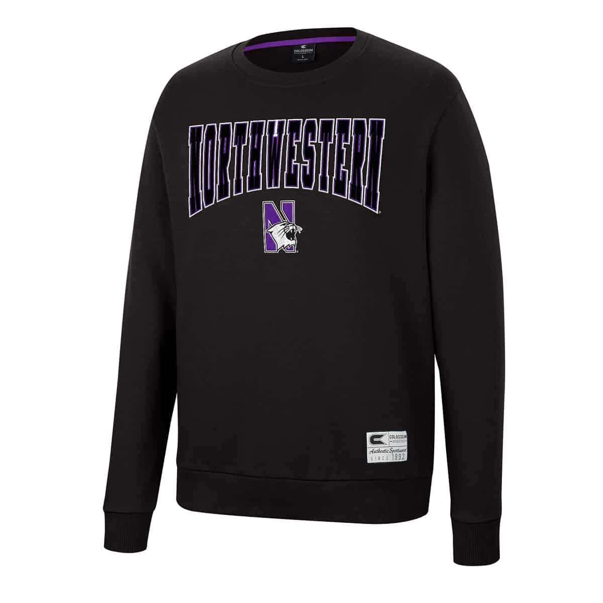 Northwestern University Wildcats Colosseum Men's Black Scholarship Crewneck Fleece With School Name and N-Cat Design