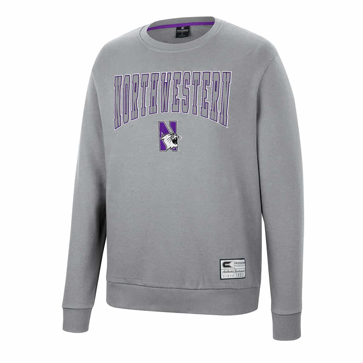 Northwestern University Wildcats Colosseum Men's Gray Scholarship Crewneck Fleece With School Name and N-Cat Design