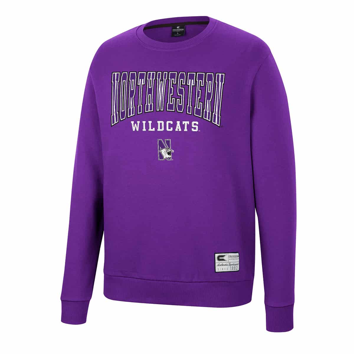Northwestern University Wildcats Colosseum Men's Purple Scholarship Crewneck Fleece With School Name, Team Name and N-Cat Design