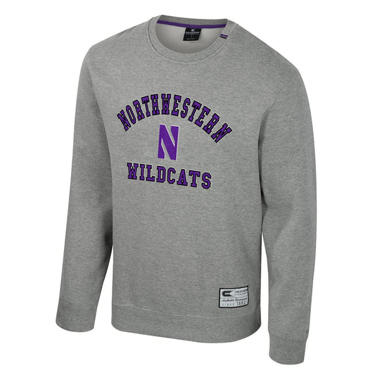 Northwestern University Wildcats Colosseum Men's Zion Heather Grey Crewneck Fleece with Design Concept #1