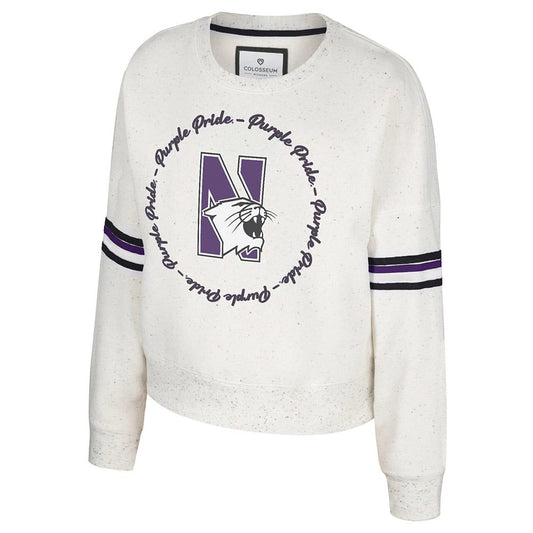 Northwestern University Wildcats Colosseum Women's Novelist Crewneck Fleece with N-Cat Design