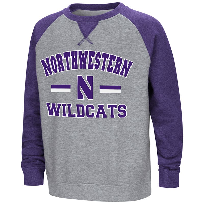 Northwestern University Wildcats Colosseum Heather Grey/Purple Youth Rudy Zoleteck Crewneck with Stylized N Design
