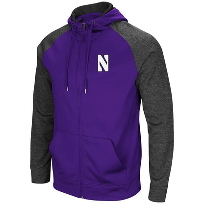 Northwestern University Wildcats Colosseum Purple/Heather Charcoal/Black Men's Magic Rays Full Zip Hooded Sweatshirt with Stylized N Design